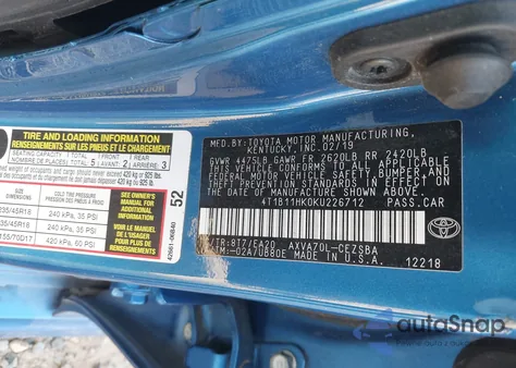 2019 Toyota Camry Se z USA, uszkodzony, nr VIN 4T1B11HK0KU226712